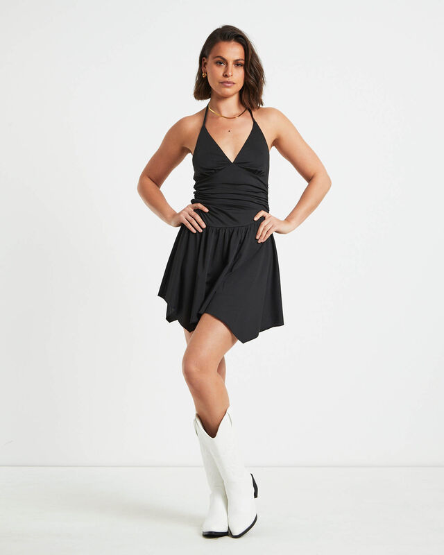 Sawyer Asymetric Hem Halter Mini Dress in Black, hi-res image number null