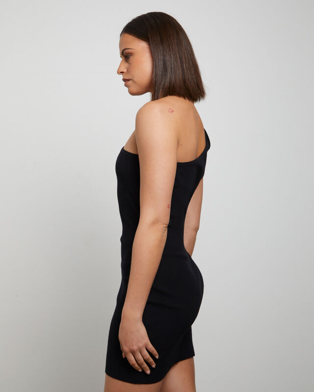 Luxe Knitted One Shoulder Mini Dress in Black, hi-res image number null