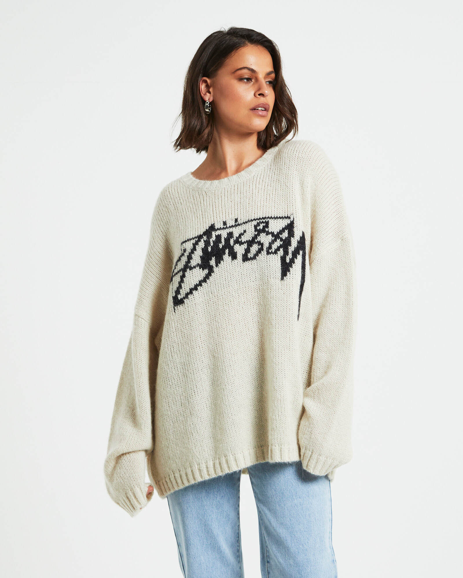 STUSSY Snooth Stock Oversized Long Sleeve Knit Sweater in Cream