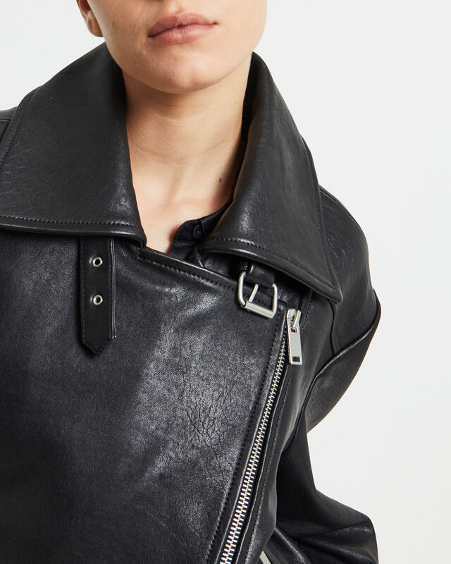 Zoe Longline Leather Biker Jacket Black, hi-res image number null