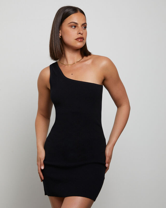 Luxe Knitted One Shoulder Mini Dress in Black, hi-res image number null