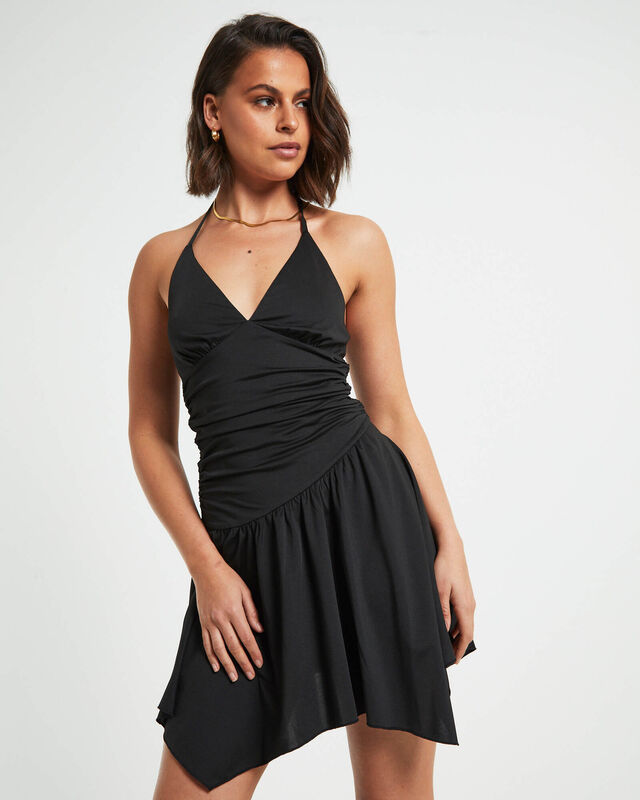 Sawyer Asymetric Hem Halter Mini Dress in Black, hi-res image number null