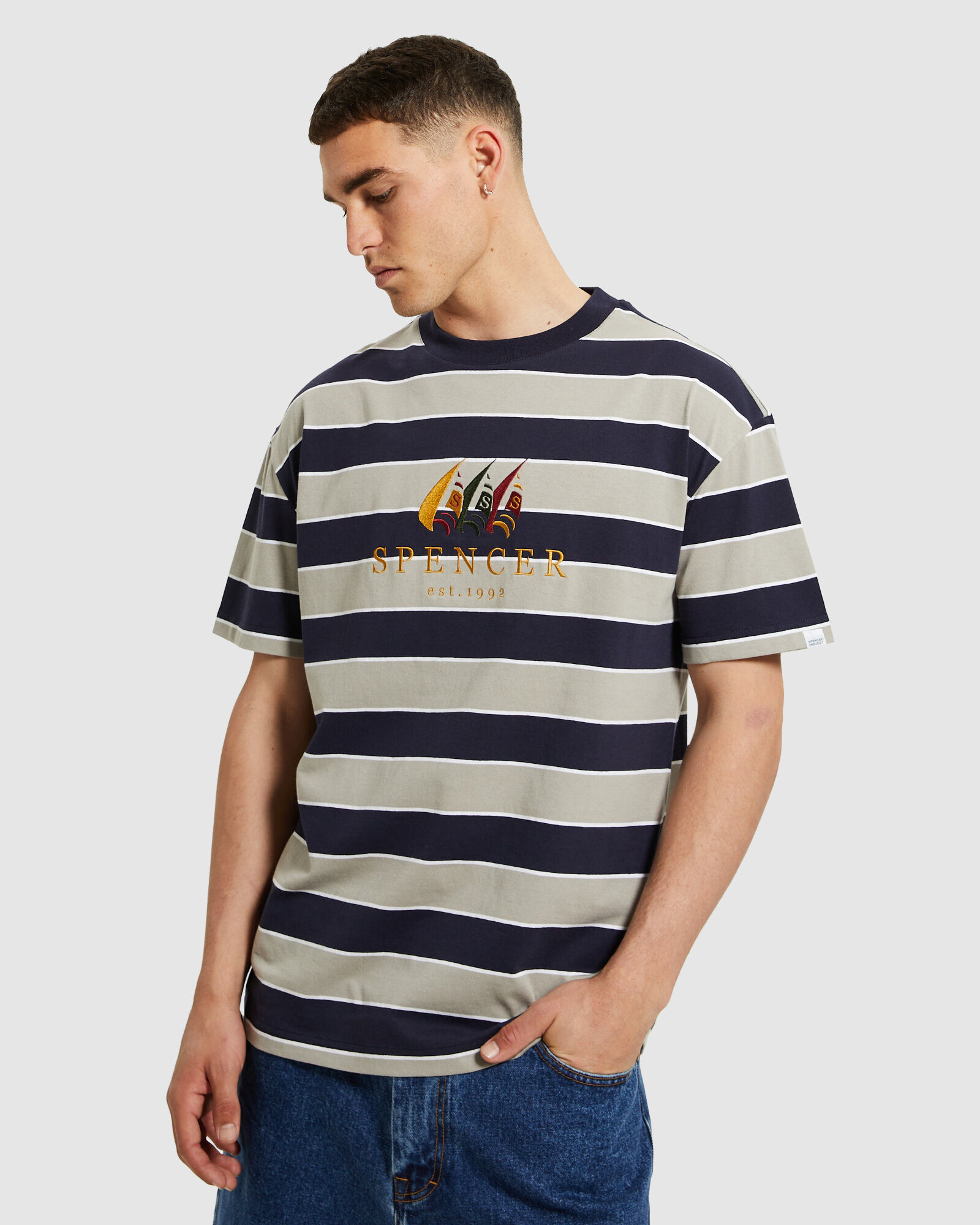 SPENCER PROJECT Oxford Stripe T-Shirt Navy/Grey | General Pants