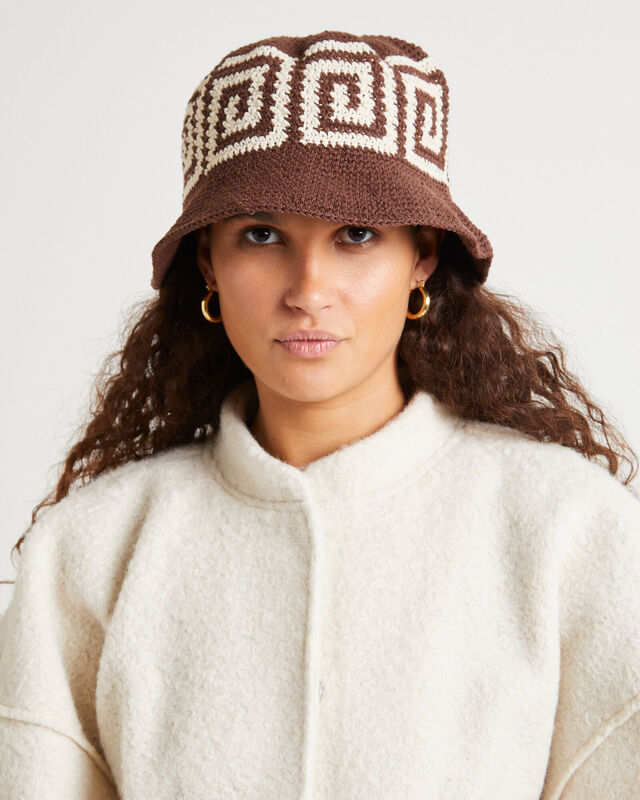 Riviera Border Jacquard Crochet Bucket Hat Chocolate, hi-res image number null