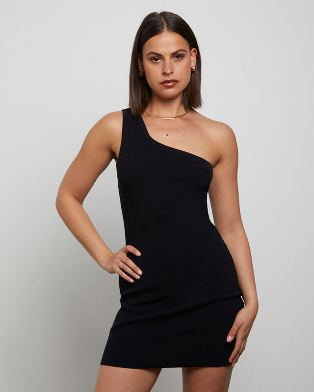 Luxe Knitted One Shoulder Mini Dress in Black, hi-res image number null