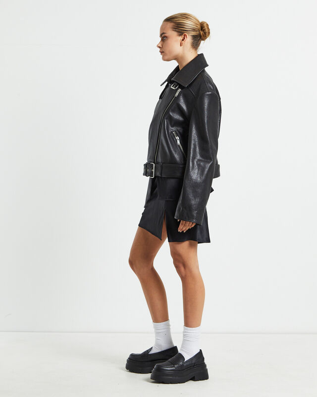 Zoe Longline Leather Biker Jacket Black, hi-res image number null