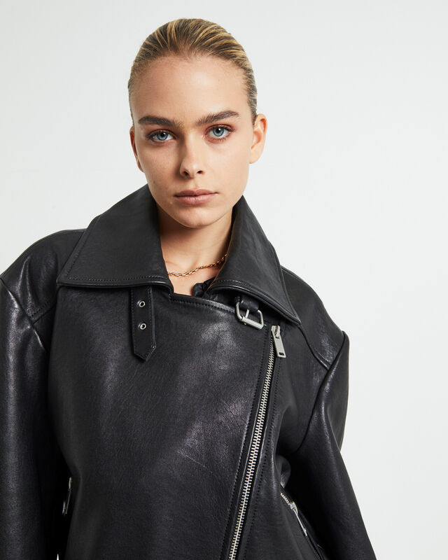 Zoe Longline Leather Biker Jacket Black, hi-res image number null