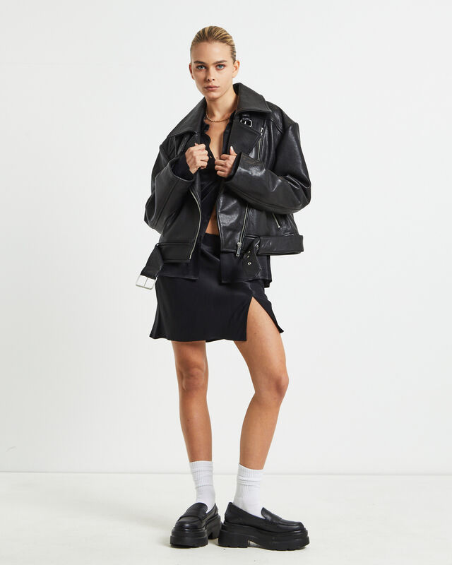 Zoe Longline Leather Biker Jacket Black, hi-res image number null