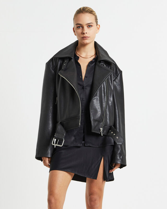 Zoe Longline Leather Biker Jacket Black, hi-res image number null