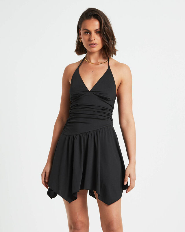 Sawyer Asymetric Hem Halter Mini Dress in Black, hi-res image number null